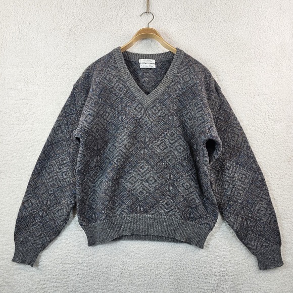Vintage Christian Dior 100% Wool V-Neck Sweater Made In Hong Kong Size Large 80s